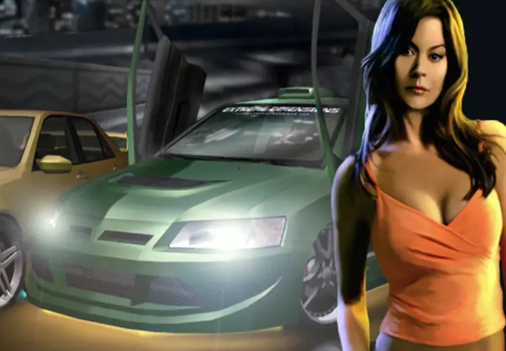 Ein grüner Mitsubishi Evo mit Flügeltüren und ein gelber Lexus IS stehen bereit für ein Rennen. Eine Frau im orangefarbenen Top posiert daneben. Ein Blick auf den **underground 2 remake**.