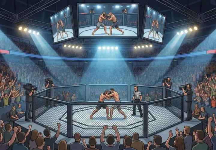 Emocjonująca gala UFC w pełnej klatce. Tłum kibiców szaleje, a zawodnicy walczą na śmierć i życie. Na ekranach widać powtórki akcji.