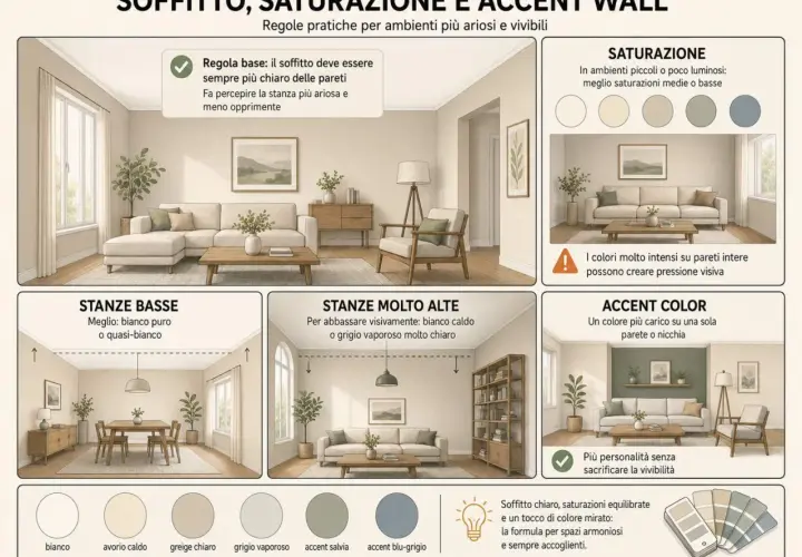 Guida alle tinteggiature interne: soffitto chiaro, saturazioni equilibrate e accenti di colore per spazi ariosi e accoglienti.