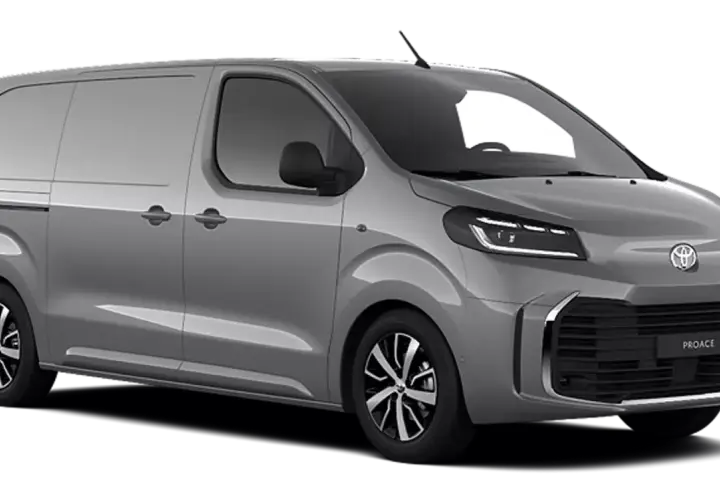 Srebrny Toyota Proace, nowoczesny van dostawczy z charakterystycznym grillem i światłami LED, gotowy do pracy.