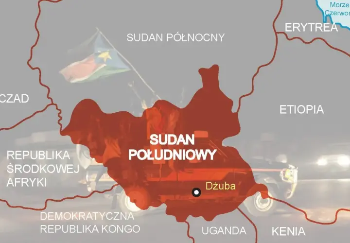 Mapa Afryki. Sudan Południowy, zaznaczony na czerwono, leży między Sudanem Północnym a Ugandą i Kenią.
