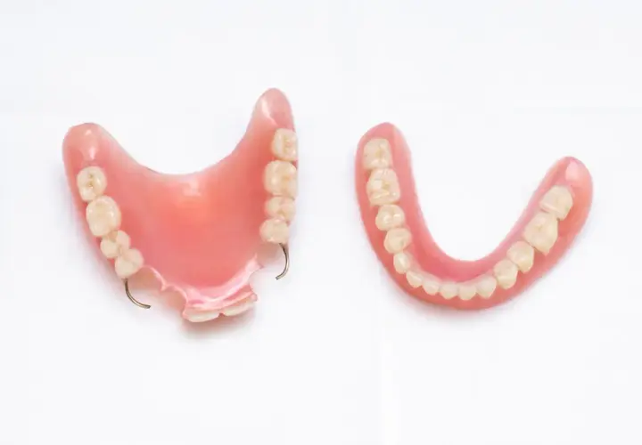 Due protesi dentali, una con ganci metallici, mostrano la soluzione di una dentiera fissa per un sorriso completo.