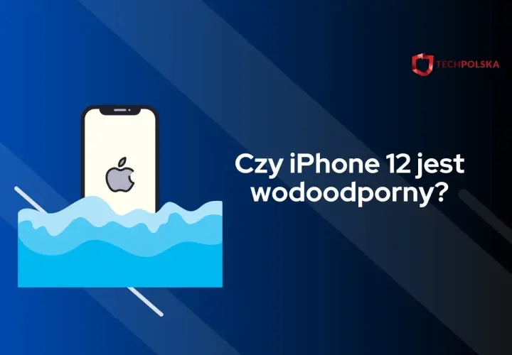 Ilustracja iPhone'a 12 zanurzonego w wodzie z falą.