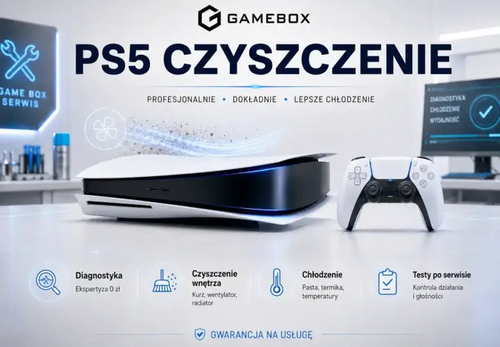 Profesjonalne czyszczenie PS5 w Game Box. Dbamy o lepsze chłodzenie i wydajność Twojej konsoli. Kurze, wentylatory, radiatory – wszystko będzie jak nowe!