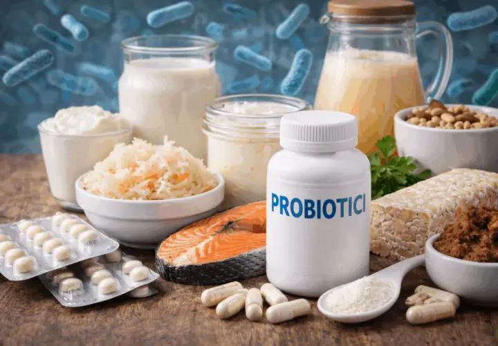 Alimenti fermentati, integratori e un flacone di probiotici per il gonfiore addominale.