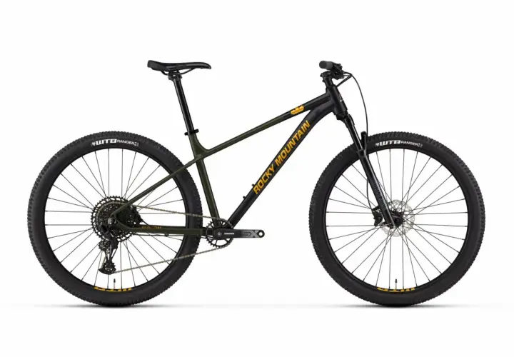 A black and green Rocky Mountain bicycle, ready for trail adventures. Read our rocky mountain bicycle reviews to find your next ride.