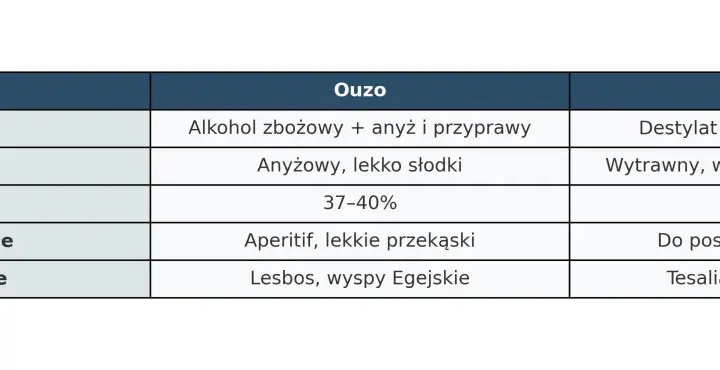 Tabela porównująca Ouzo i Tsipouro, dwa rodzaje greckiego alkoholu: skład, smak, moc i pochodzenie.