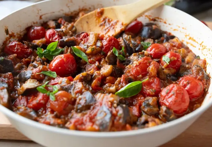 Un plat de caponata sicilienne mijoté, avec des aubergines, des tomates cerises et du basilic frais, prêt à être dégusté.