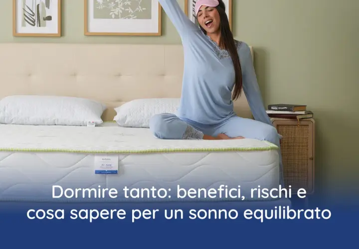 Donna si stiracchia a letto, svegliandosi. Dormire troppo tutto il giorno ha conseguenze, ma un sonno equilibrato porta benefici.