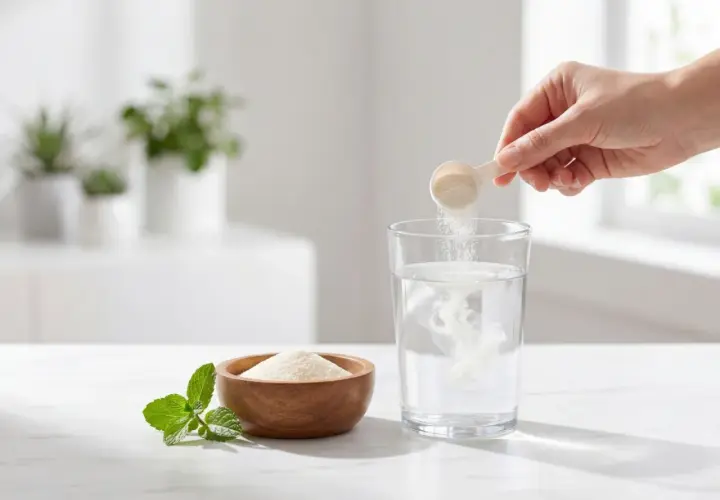 En hand häller kollagenpulver från en skopa ner i ett glas vatten. En skål med kollagen och mynta står bredvid.