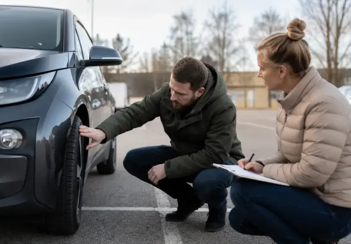 Man undersöker däcket på en BMW i3, kvinna skriver anteckningar. Ett potentiellt bmw i3 problem uppdagas.