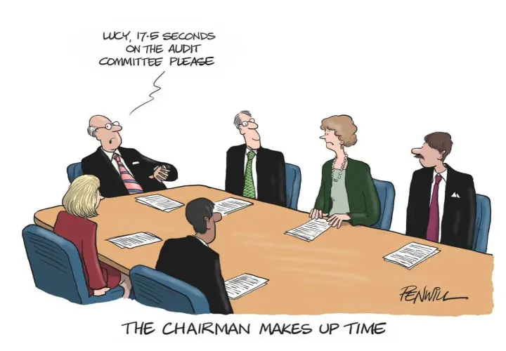 A chairman at a board meeting, addressing Lucy, requests 17.5 seconds on the audit committee, humorously implying time is being manipulated.