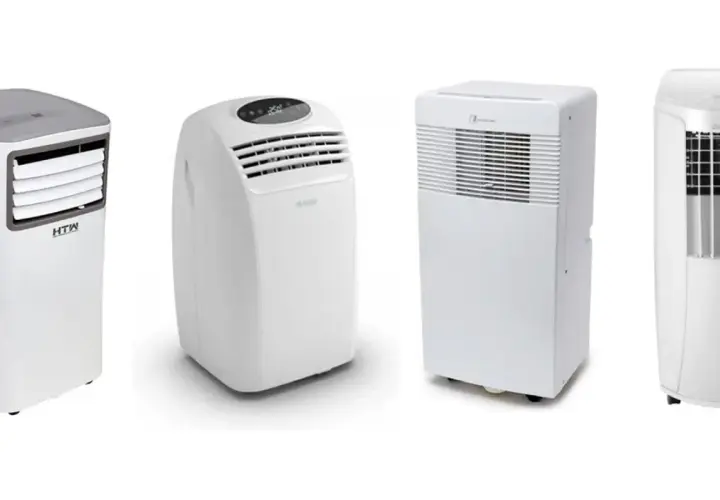 Comparativa: aire acondicionado portátil vs climatizador evaporativo. Cuatro unidades blancas de diferentes marcas, dispuestas en fila.