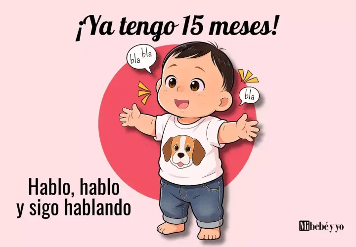 Un bebé de 15 meses, con camiseta de perro, dice "bla bla" y "hablo, hablo y sigo hablando".