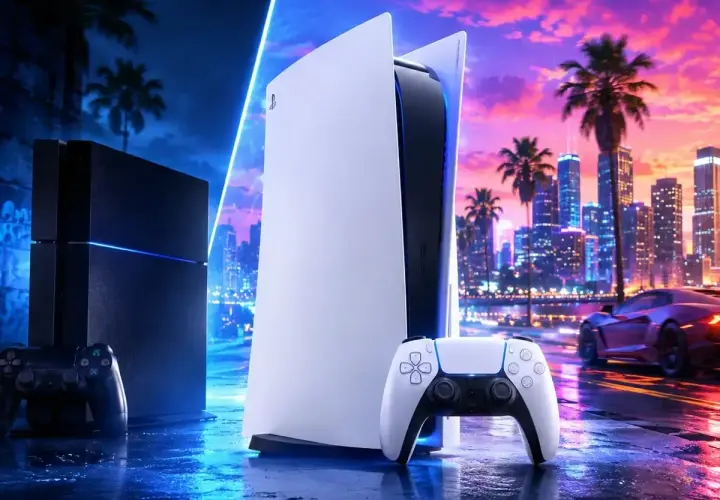 Konsola PS5 i PS4 na tle nocnego miasta. Czy GTA 6 będzie na PS4? Pytanie wisi w powietrzu, jak neonowe światła.