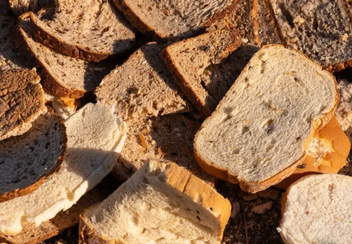Stare kromki chleba, niektóre z ziarnami, leżą na ziemi, tworząc naturalny nawóz z chleba.