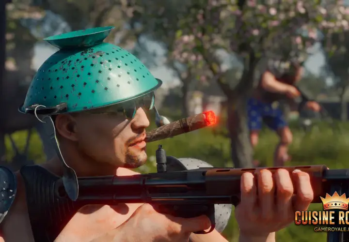 Gracz w Cuisine Royale z durszlakiem na głowie i cygarem w ustach celuje z karabinu.