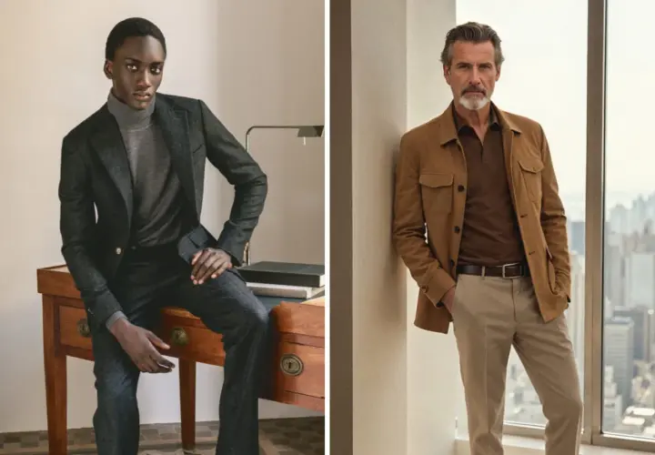 Dos hombres con estilo business casual. Uno viste traje gris y cuello alto, el otro, chaqueta marrón y polo.