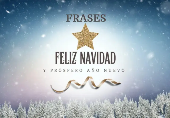 Frases de navidad y año nuevo con un paisaje nevado y un árbol de navidad.