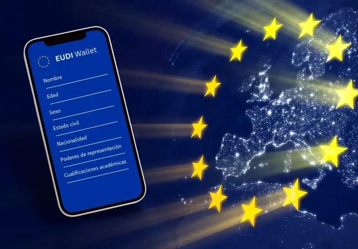 Teléfono con la app EUDI Wallet y el mapa de Europa con estrellas, representando la identidad digital europea bajo eidas 2.