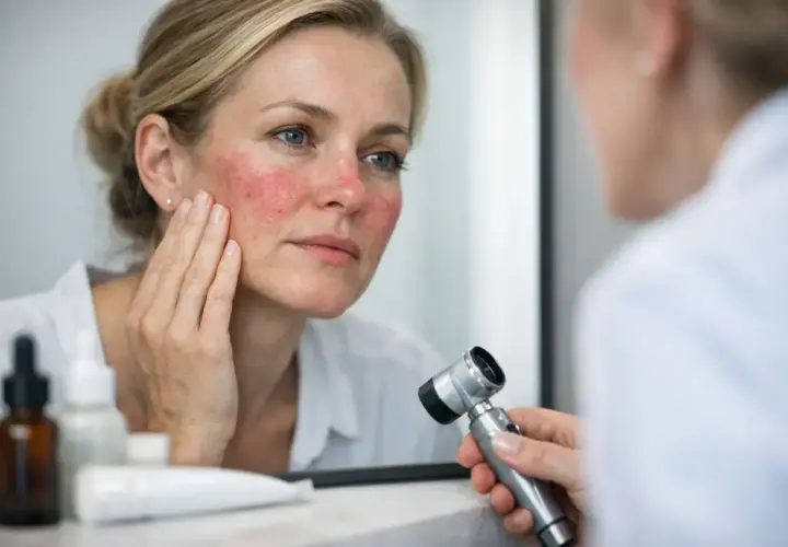 Kvinna med rodnad i ansiktet undersöker sin hud, redo för rosacea behandling.