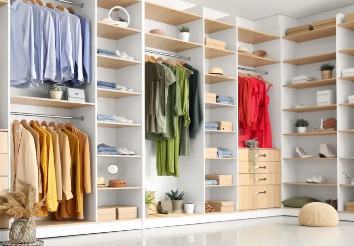 Idées pour comment aménager un placard intégré : vêtements suspendus, chaussures rangées, boîtes et accessoires organisés sur des étagères.
