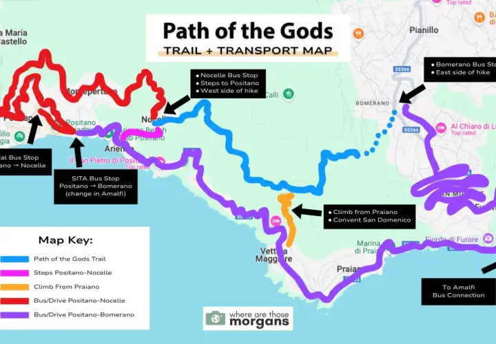 Path of the Gods map showing hiking trails and transport options between Positano and Bomerano.