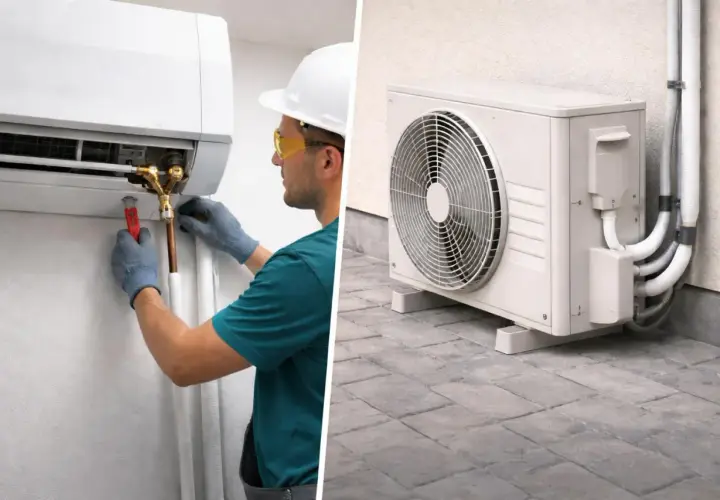 Técnico instala unidad interior de aire acondicionado. Unidad exterior con ventilador y tuberías, mostrando las medidas del compresor de aire acondicionado.