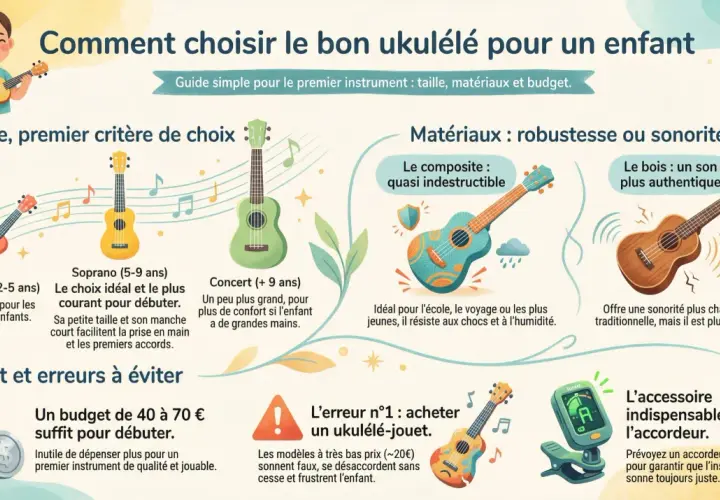 Un enfant joue d'une petite guitare hawaïenne. L'image compare différents ukulélés pour enfants, leurs matériaux et des conseils pour débuter.