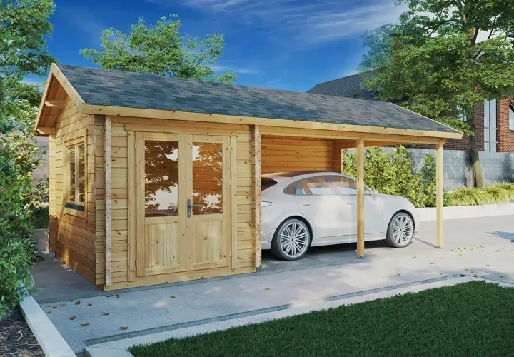 En vit bil parkerad under en nybyggd carport i trä. Enkel och funktionell lösning för att bygga carport.