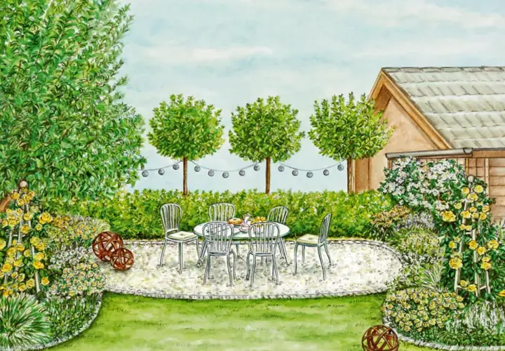 Eine gemütliche Sitzecke mit Tisch und Stühlen, umgeben von blühenden Rosen und Sträuchern. So lässt sich eine tote Ecke im Garten gestalten.