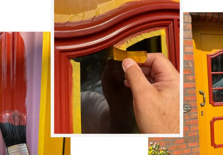 Detailaufnahme: Ein Pinsel mit roter Farbe streicht über eine mit Klebeband abgeklebte Fläche. Ein Mann zieht Klebeband ab. Eine gelbe Tür mit roten Akzenten. Kunststoff lackieren für ein frisches Aussehen.