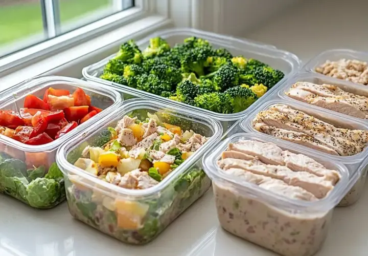 Gotowe posiłki w pojemnikach: kurczak, brokuły, pomidory i sałatka. Idealne meal prep przepisy na szybki obiad.