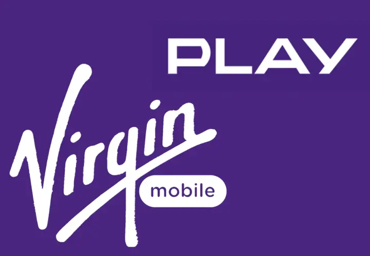 Logo Virgin Mobile i Play na fioletowym tle. Virgin Mobile to marka telekomunikacyjna.