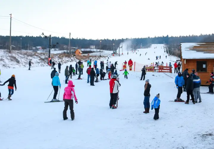 Stok narciarski w Bodzentynie tętni życiem. Widok z kamery online pokazuje narciarzy i snowboardzistów szusujących po ośnieżonych stokach.