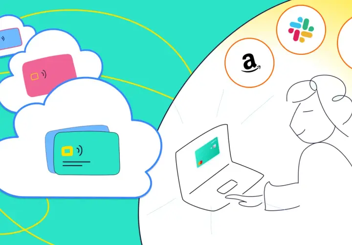 Person nutzt virtuelle Kreditkarte auf Laptop für Online-Shopping, Reisen & mehr. Digitale Zahlungen in der Cloud.