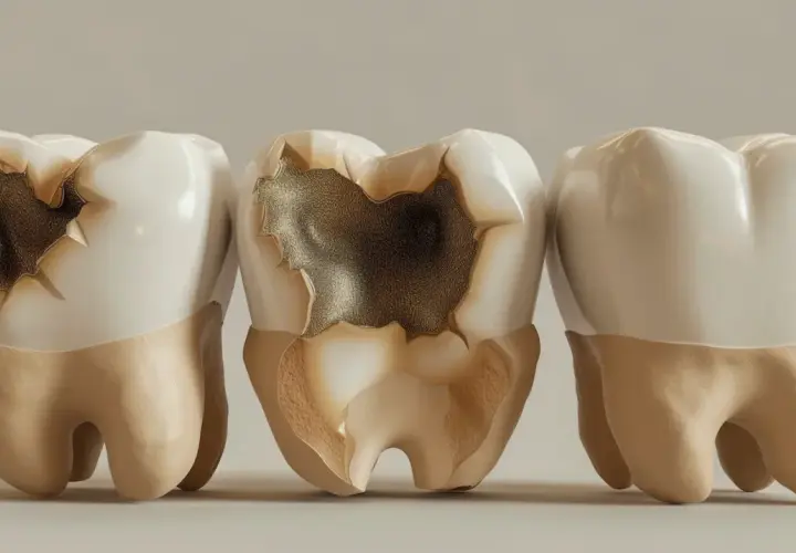 Tre denti, due con carie profonde e uno sano. Quanto tempo ci vuole per curare una carie? Dipende dalla gravità.