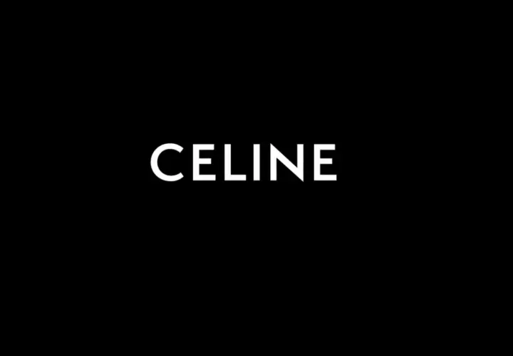 Biały napis CELINE na czarnym tle. Luksusowa marka Celine.