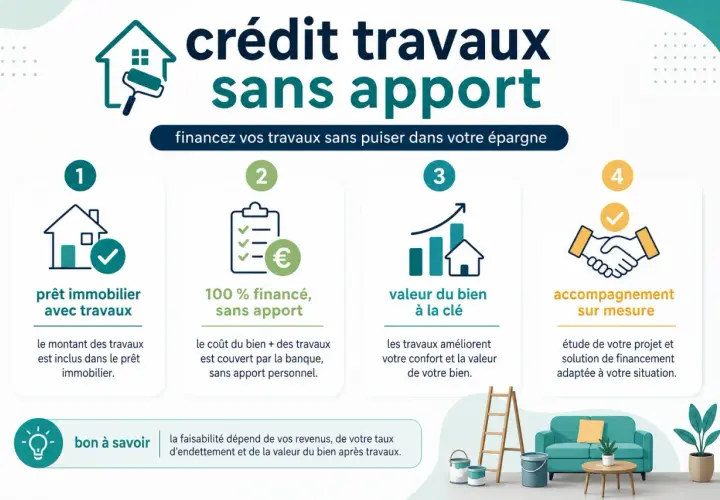 Crédit travaux sans apport : 4 étapes pour financer vos rénovations. Une nouvelle loi facilite le prêt immobilier sans apport pour vos travaux.