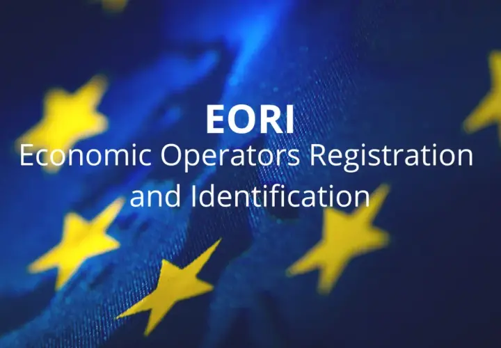 EORI: Rejestracja i Identyfikacja Podmiotów Gospodarczych na tle flagi UE.