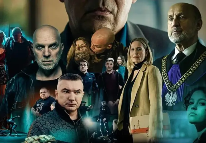 Zwiastun serialu kryminalnego. W centrum mężczyźni o surowych twarzach, obok kobiety, policjanci i sędzia. **Symetria 2** w kadrze buduje napięcie.
