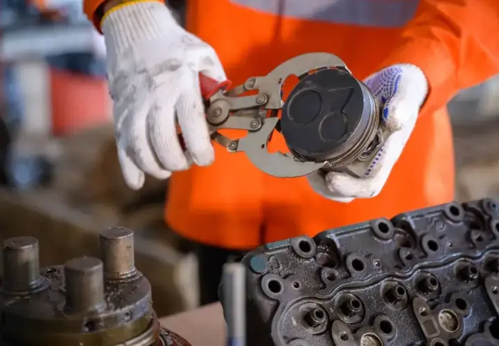 Mechanik w białych rękawiczkach używa specjalnego narzędzia, by zdjąć zapieczone pierścienie z tłoka silnika.