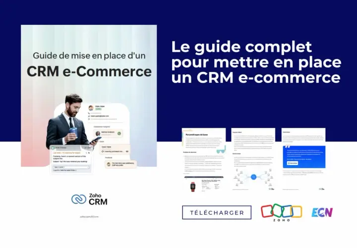 Guide complet pour mettre en place un CRM e-commerce. Illustration d'un homme d'affaires consultant une interface de programme CRM.