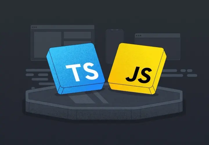 Deux blocs, un bleu "TS" et un jaune "JS", symbolisent les langages de programmation. Un commentaire typescript pourrait expliquer leur relation.
