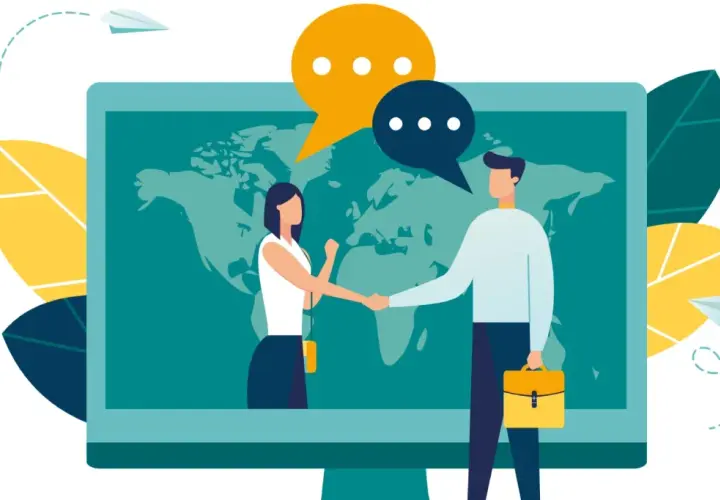Illustration d'une mise en relation professionnelle réussie, avec deux personnes se serrant la main devant une carte du monde.
