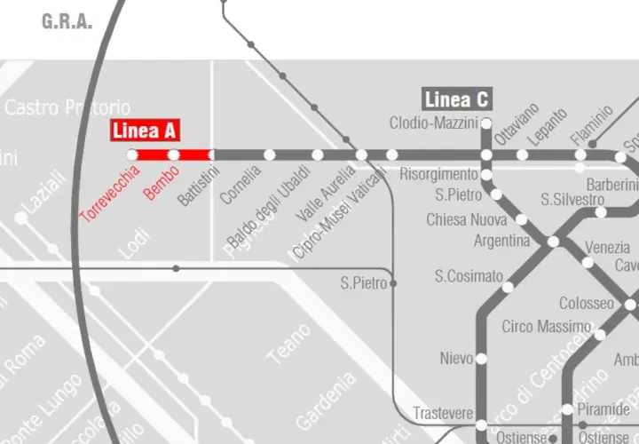 Mappa della metro di Roma: la Linea A con le fermate Torrevecchia, Bembo e Battistini.