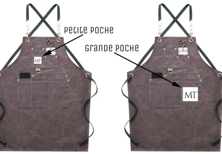Tablier restaurant personnalisé en toile grise, avec poches et logo MT. Idéal pour un look professionnel et pratique.