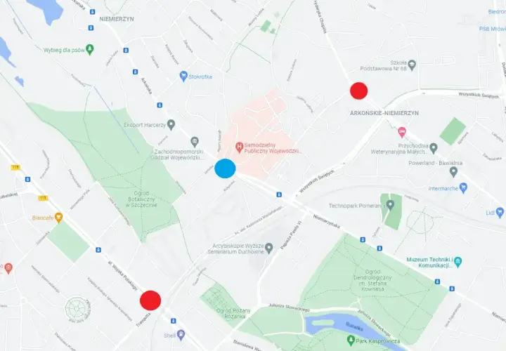 Mapa Szczecina z zaznaczonymi punktami. Jak dojechać do Ogrodu Botanicznego lub Wojewódzkiego? Czerwone i niebieskie kropki wskazują lokalizacje.