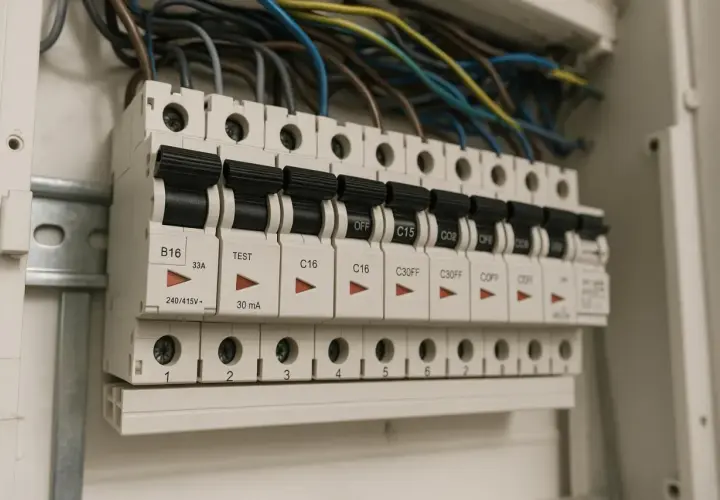 Rozważając, jakie bezpieczniki do domu b czy c, widzimy rząd wyłączników nadprądowych w rozdzielnicy elektrycznej.
