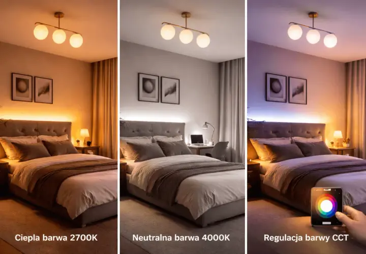 Sypialnia z różnym oświetleniem: ciepła barwa 2700K, neutralna 4000K i regulacja CCT. Różne **lumeny a luxy** tworzą atmosferę.